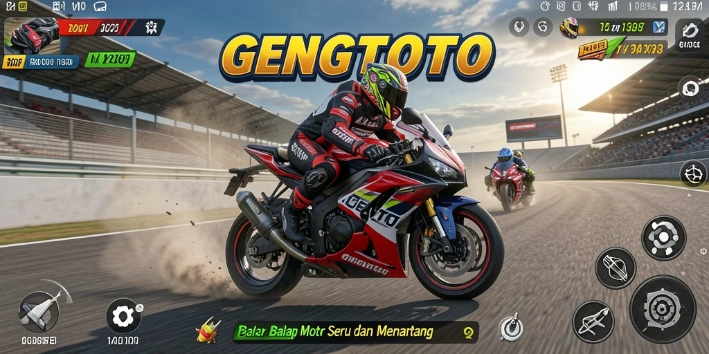 Gameplay GENGTOTO menampilkan balapan motor yang mendebarkan.