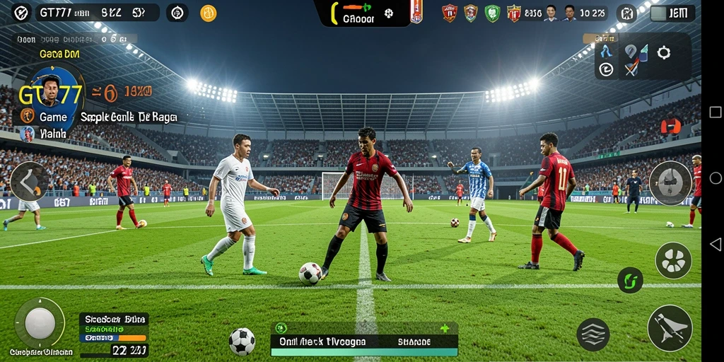 Screenshot gameplay GT777 menunjukkan aksi seru di lapangan sepak bola.