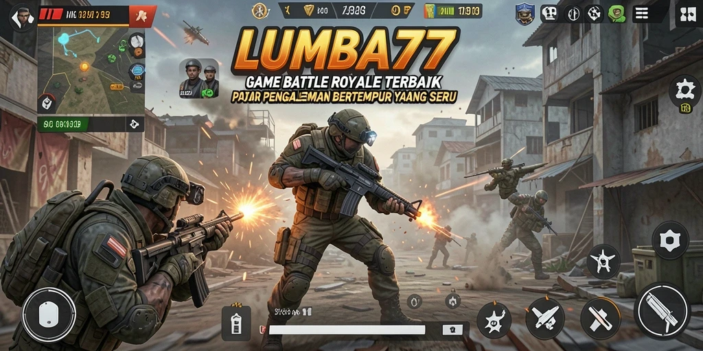 Gameplay seru LUMBA77 saat bertempur di arena Battle Royale.