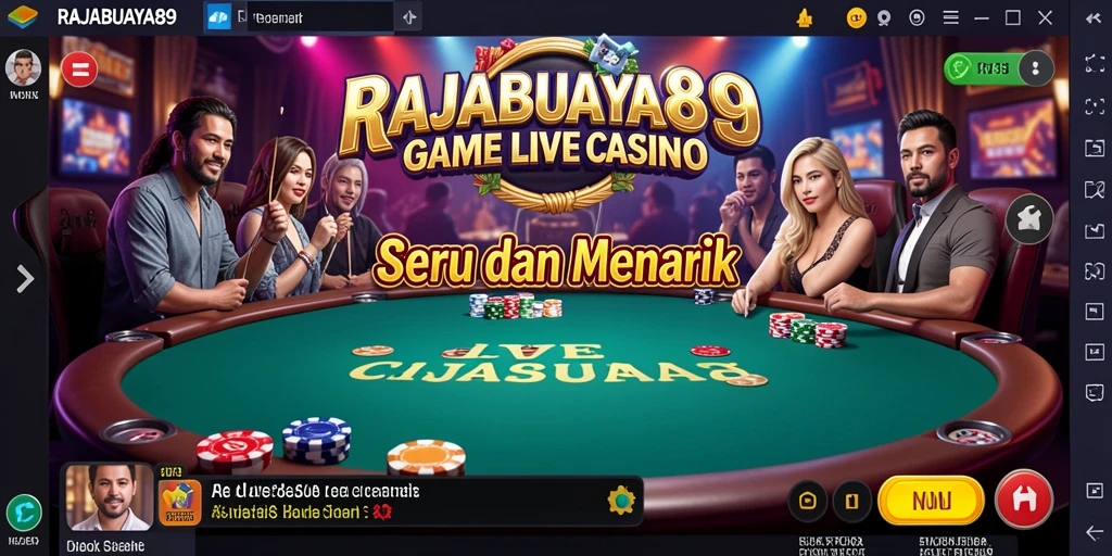 Screenshot gameplay RAJABUAYA89 menampilkan dealer langsung dan suasana kasino yang seru.