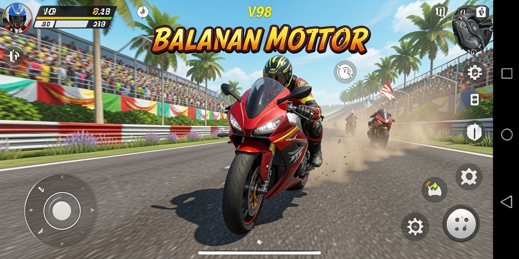 Screenshot V98 menunjukkan adrenalin dalam balapan motor yang seru.