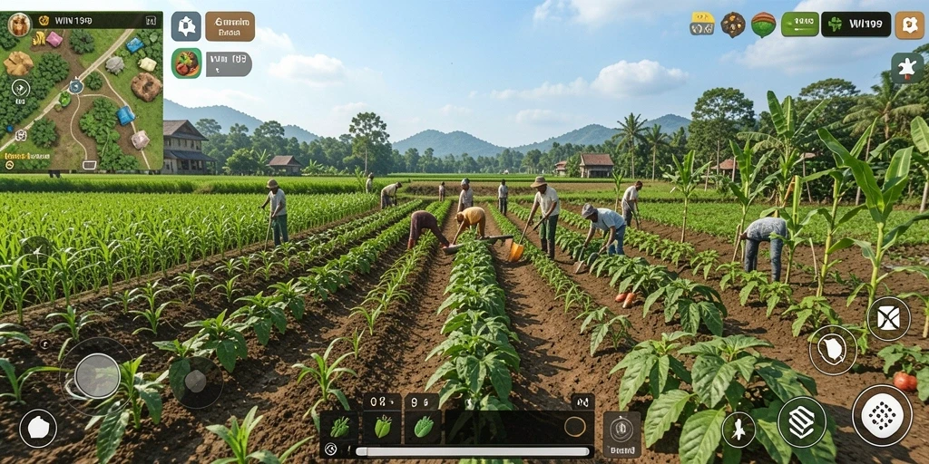 Tangkapan layar gameplay <strong>WIN199</strong> menampilkan aktivitas bertani yang seru dan interaktif.